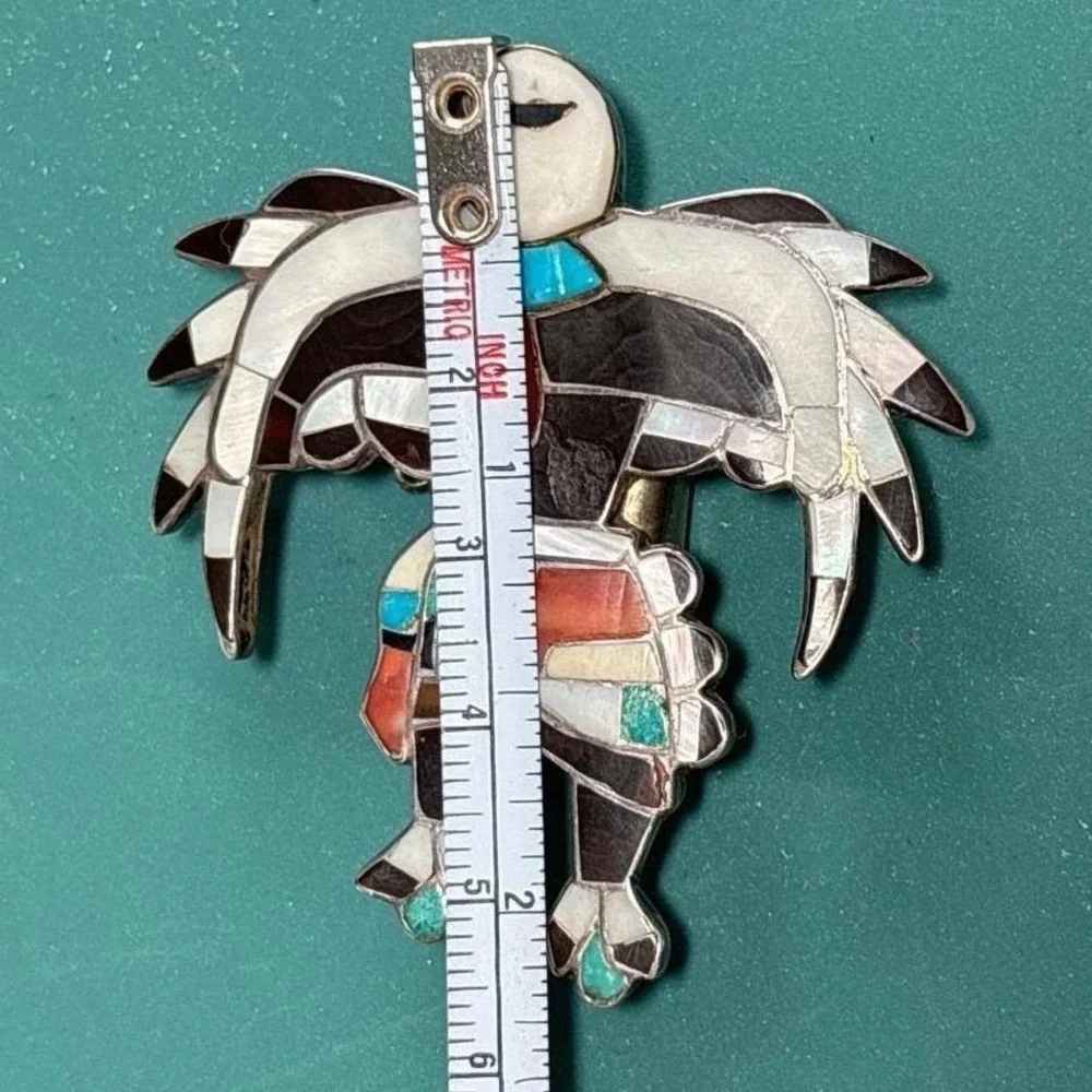 Vintage Sterling Zuni Inlay Bolo Eagle‎ Dancer Sterling Silver Turquoise Coral
